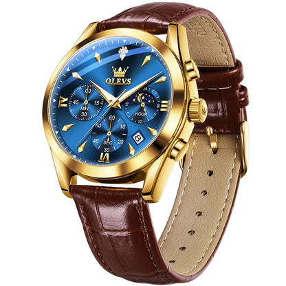 OLEVS Orologio da Uomo Classico Cronografo Cuoio Marrone Cassa Dorata Analogico Quarzo Moda Business Abito Quadrante Grande Orologio da Uomo Giorno Data Luminoso Casual Orologio da Polso Maschile Regali Romantici Relojes De Hombre Quadrante Blu/Nero/Bianc