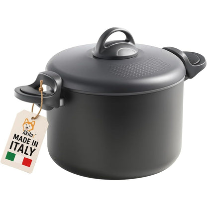 Akitaink Pentola 22cm 5L con Scolapasta Integrato Scoli’ - Pentola Antiaderente in Alluminio con Maniglie Bloccanti, Sicura, Pratica e Facile da Pulire, Scolì Made in Italy