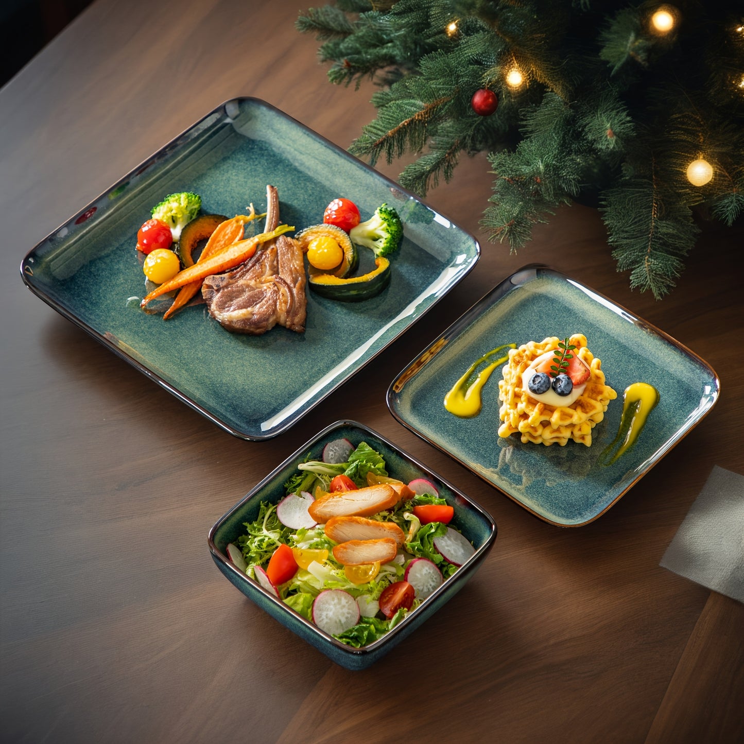 Set da pranzo verde da 12 pezzi, stoviglie quadrate con smalto reattivo, set di stoviglie da cucina in argilla con piatto da portata, piatto da dessert, set di ciotole per 4 persone, lavabile in lavastoviglie e adatto al microonde, fatto a mano, regalo pe