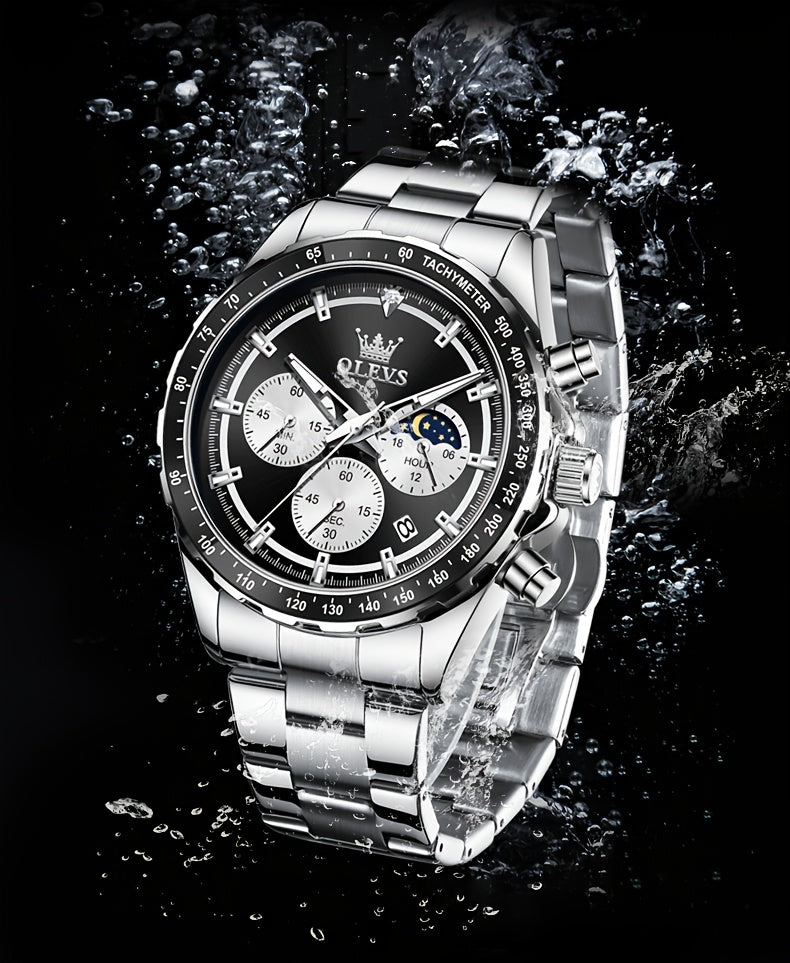 OLEVS Orologi da Uomo con Quadrante Fase Lunare Acciaio Inossidabile/Cinturino in Pelle Cronografo Lusso Business Abito Analogico Quarzo Orologi da Uomo Classici Casual Eleganti Orologi da Polso Quadrante Luminoso Nero/Bianco/Blu/Verde