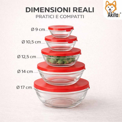 AkitaInk Set 5 Contenitori in Vetro con Coperchio Rosso - Ciotole Impilabili per Conservazione Alimenti, Frigo e Freezer - Diverse Misure