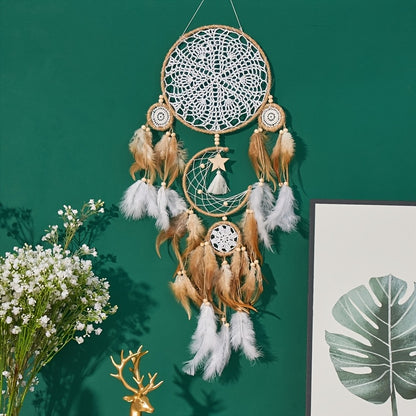 5 Pezzi Grandi Acchiappasogni, Acchiappasogni Lunari Fatti a Mano, Decorazioni Murali Bohémien con Luna e Sole per Sogno Dolce, Decorazione Testiera (Esclusi Luci e Bastoncini di Legno), Segnaletica Decorativa