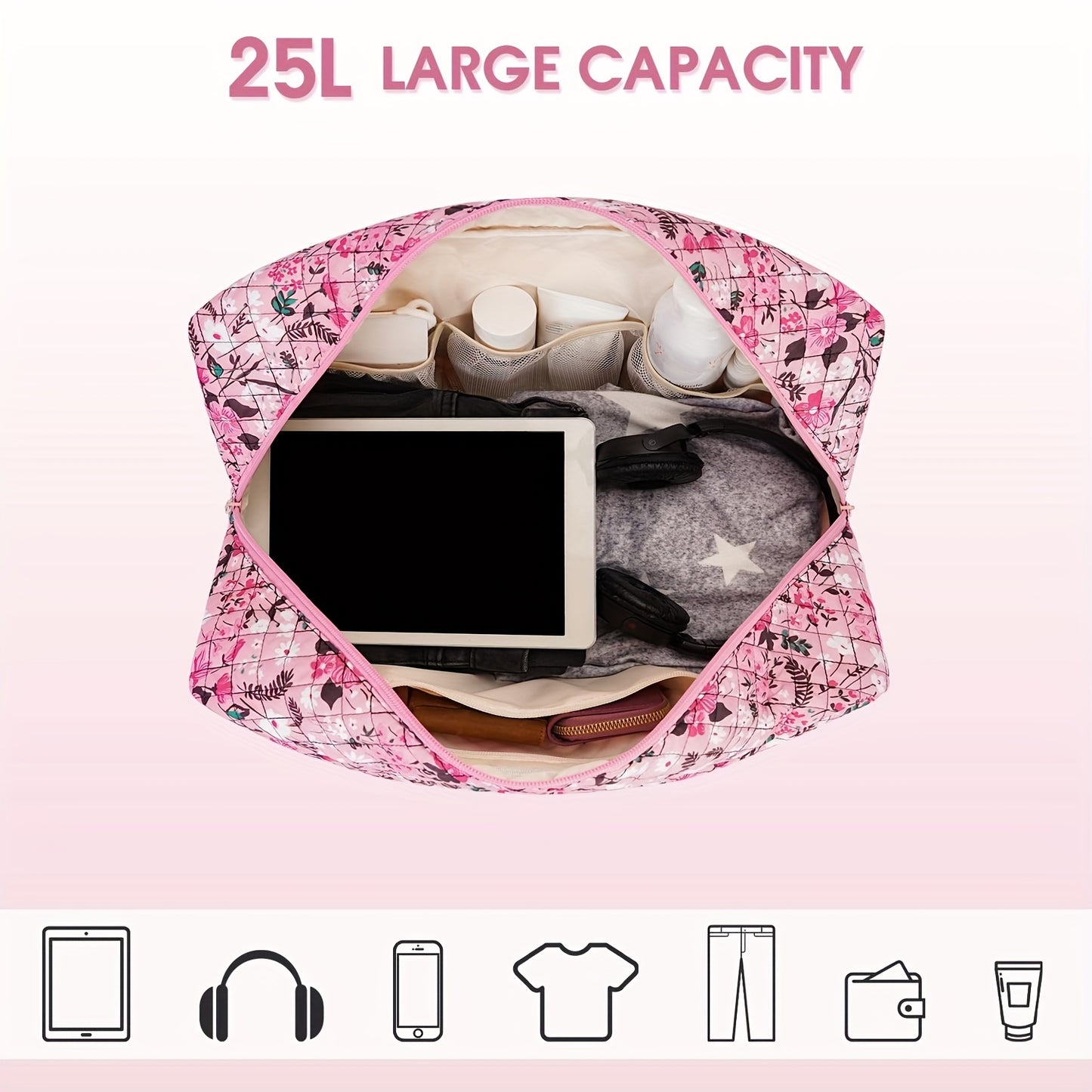 Borsa da Viaggio e Palestra da 25L per Donna - Ispirata ai Fiori di Ciliegio Rosa - Borsa a Mano Leggera e Resistente con Scomparto per Laptop, Multiscomparto, Rosa Pastello/Bianco/Viola per Aereo, Palestra, Weekend, Regalo di Natale