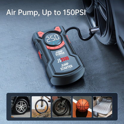 Avviatore di emergenza portatile per auto da 5000A di picco con compressore d'aria da 150PSI, caricabatteria per auto a 12V per fino a 10.0L benzina/9.0L diesel, ricarica rapida QC3.0, gonfiatore digitale per pneumatici e luce di emergenza a LED