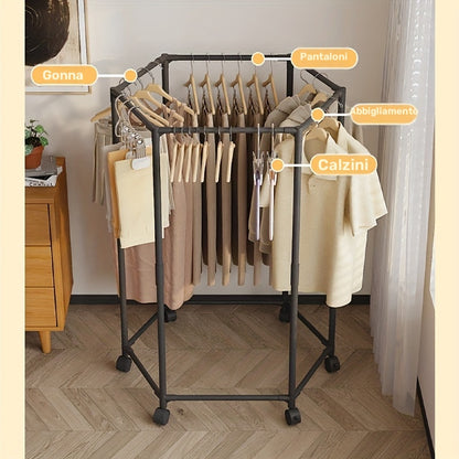Stendibiancheria girevole esagonale con ruote - Gruccia da pavimento girevole a 360°, robusta struttura in metallo, design portatile salvaspazio per lavanderia, espositore per boutique e contenitore per la casa, appendiabiti, costruzione durevole con 2 sa