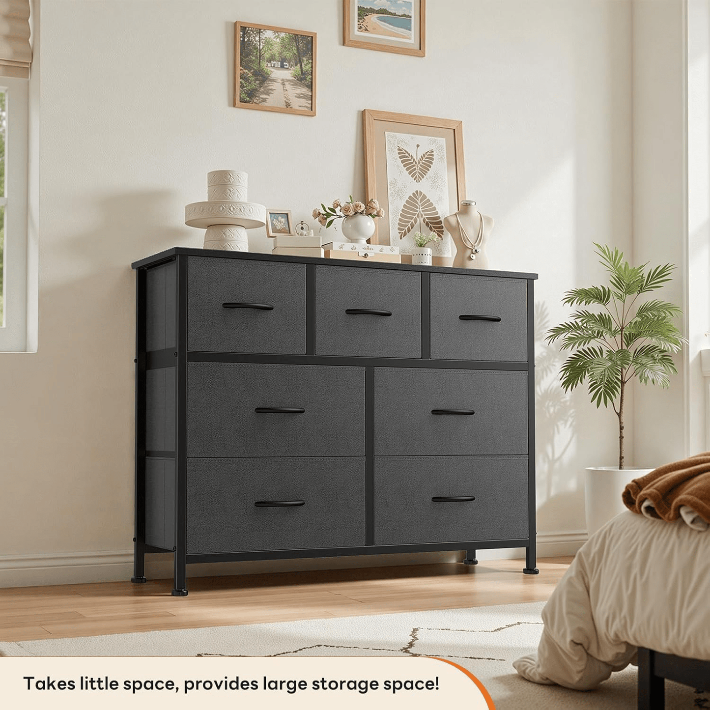 Cassettiera con cassetti, Cassettiera in tessuto per camera da letto, soggiorno, corridoio, Credenza, Mobile con cassetti, Mobile portaoggetti, 7 cassetti in tessuto, Effetto venatura del legno