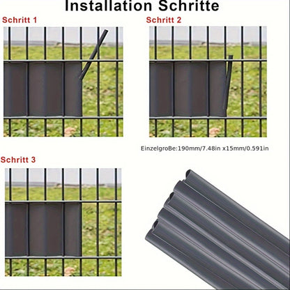 72 pezzi di strisce oscuranti in PVC con guide di fissaggio, progettate per essere utilizzate come schermatura antivento o oscurante per giardini e recinzioni, inclusi clip di fissaggio per recinzioni a doppio filo in colore antracite