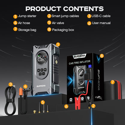 Avviatore di Emergenza per Auto con Compressore Aria e Gonfiatore Pneumatici, Booster Batteria 9500A con Power Bank e Torce LED, Box Avviatore Auto 12V per Tutti i Veicoli a Benzina o Diesel da 10.0L con Custodia Portatile, Cavi Smart con 10 Funzioni di P