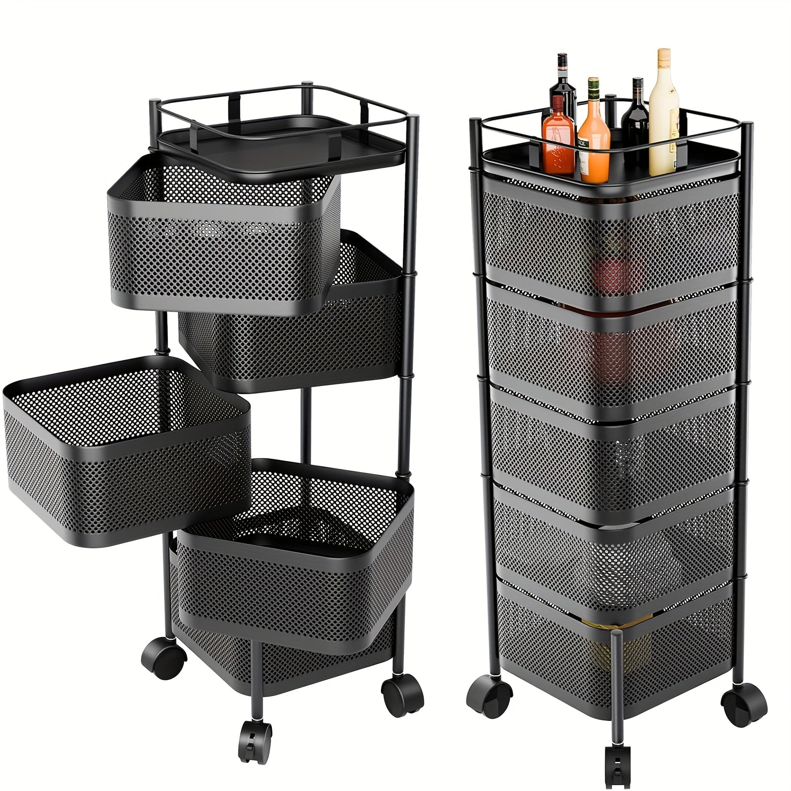 Carrello Girevole a 5 Ripiani per Cucina con Ruote, Struttura in Metallo Robusto, Ideale per Dispensa, Portafrutta, Verdure, Carrello Salvaspazio per Uso Domestico o Commerciale, Scaffale Autoportante