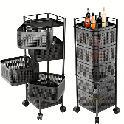 Carrello portaoggetti da cucina, carrello girevole a 5 ripiani con ruote, contenitore portafrutta per cucina, grande scaffale portaoggetti con rete traforata, portafrutta e verdure con coperchio superiore in metallo nero, mensola autoportante