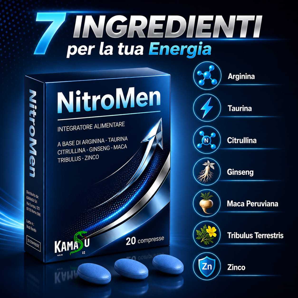 Integratore UOMO Potenziato con Maca nera, Arginina, Tribulus Terrestris, Taurina, Citrullina, Zinco - 20 Compresse Made in Italy