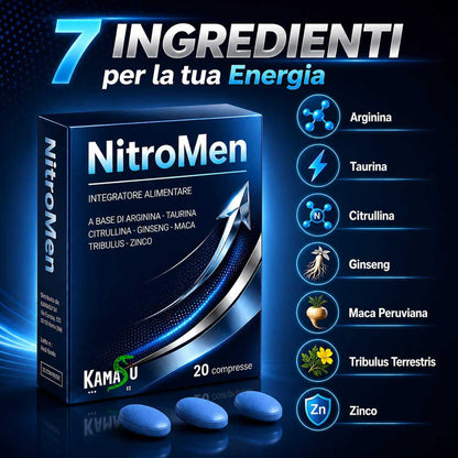 Integratore UOMO Potenziato con Maca nera, Arginina, Tribulus Terrestris, Taurina, Citrullina, Zinco - 20 Compresse Made in Italy
