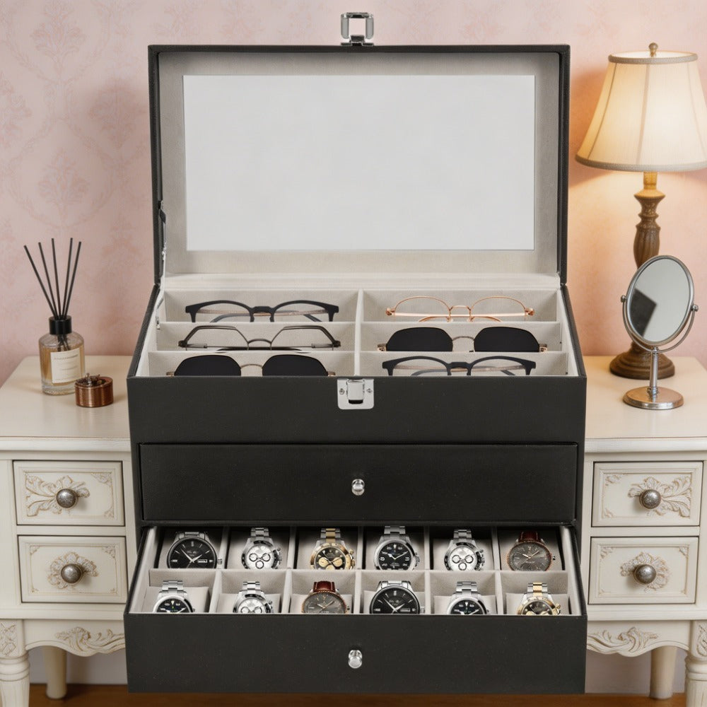 Scatola portaocchiali e orologi a 3 strati con 24 scomparti, custodia organizzatrice per occhiali da vista alla moda per donna e uomo - Portaocchiali portaoggetti multiplo con cassetto, coperchio in vetro e passante per esterni