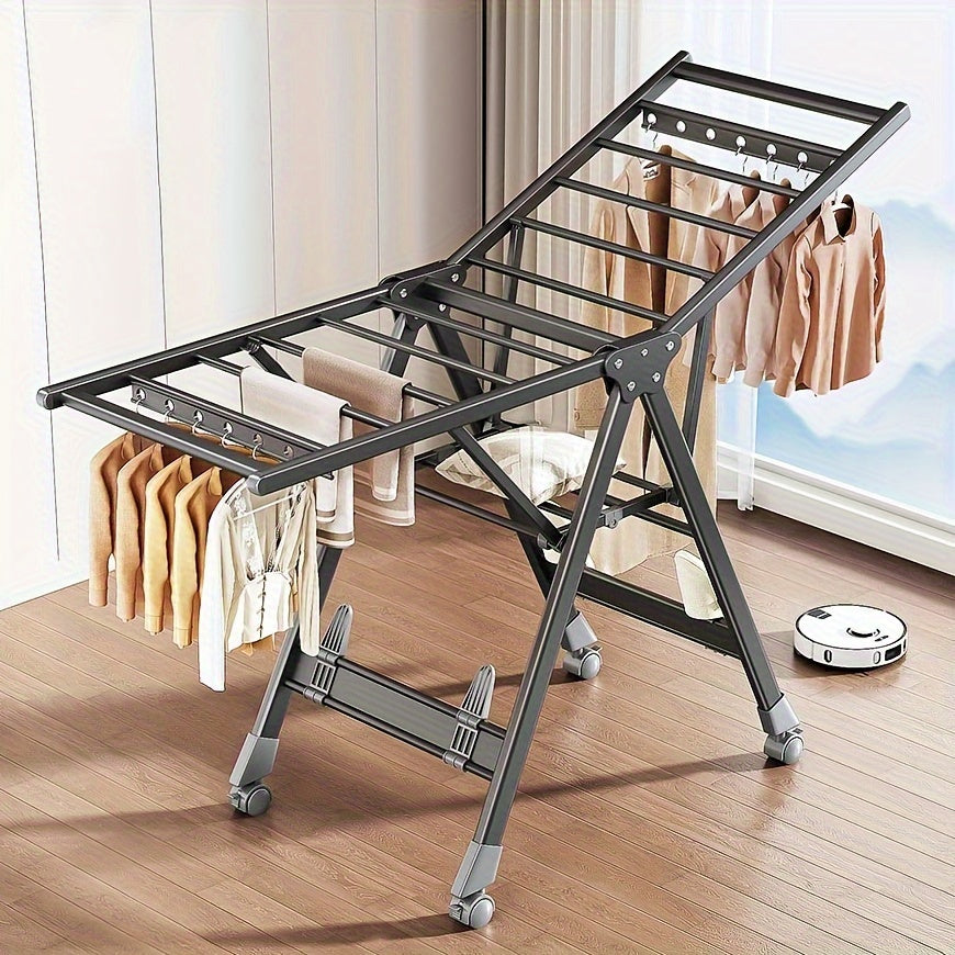 Stendino per Biancheria Pieghevole in Alluminio Resistente con Scarpiere - Design 3 Secondi, Altezza Regolabile, 4 Ruote per Interno/Esterno, Montaggio Senza Attrezzi, Struttura A-Frame Stabile, Grigio Portatile Salvaspazio, Assemblaggio Semplice, Costruz