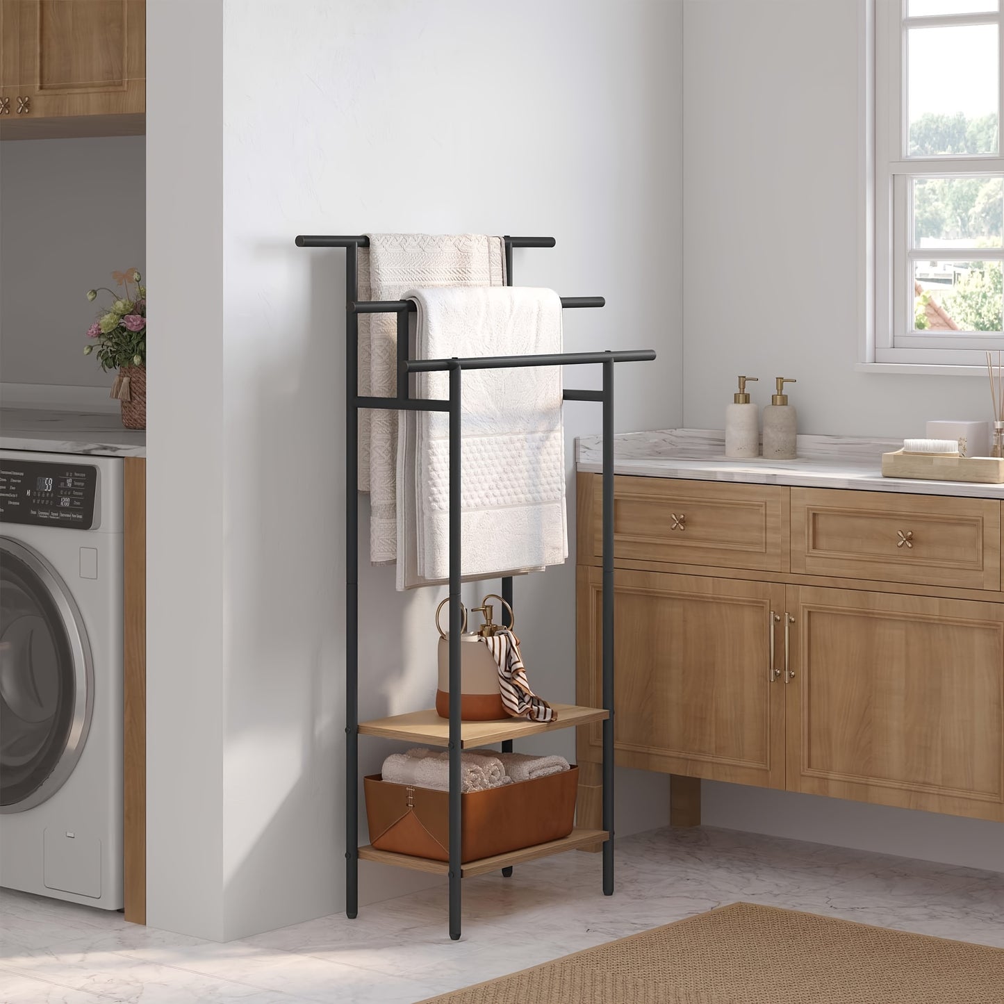 1pz mensola da bagno, portasciugamani verticale nero con 3 portasciugamani, barra per asciugamani con 2 ripiani, utilizzato per asciugamani e abbigliamento asciugamani, realizzato in materiale metallico e legno