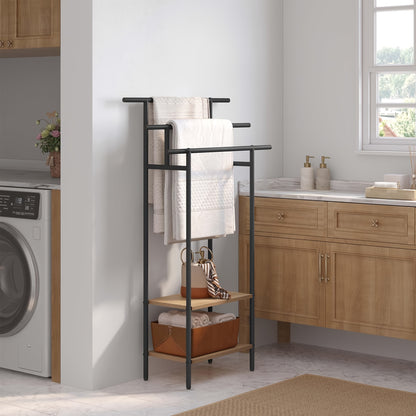 1pz mensola da bagno, portasciugamani verticale nero con 3 portasciugamani, barra per asciugamani con 2 ripiani, utilizzato per asciugamani e abbigliamento asciugamani, realizzato in materiale metallico e legno
