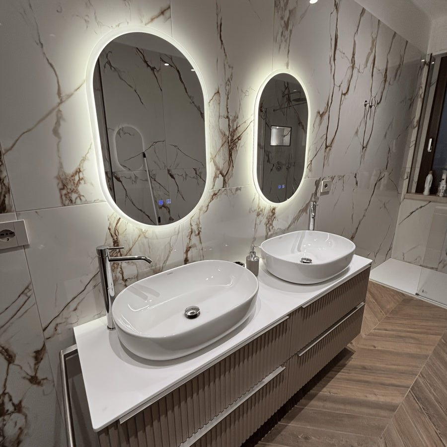 Specchio da bagno smart da 80 cm x 50 cm, specchio da bagno a parete con luci LED, luminosità regolabile, funzione demister, doppio controllo touch, set di mobili per il bagno