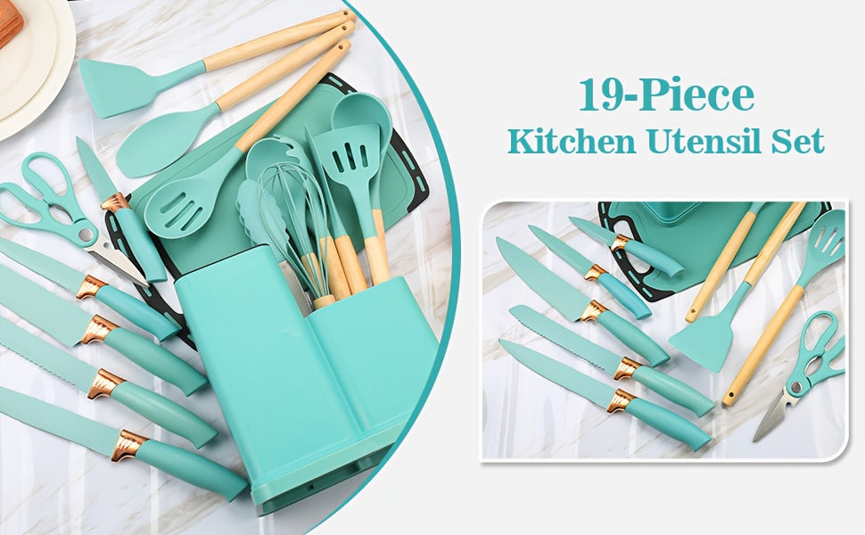 Set da 19 pezzi, Coltello da cucina, Set da cucina, Set di utensili da cucina (con manici in legno), Set di cottura di sicurezza, Set di utensili da cucina antiaderenti, Pentole moderne lavabili, Utensili da cucina, Adatto per regali di Natale e Halloween