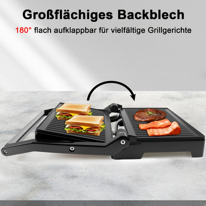Griglia da tavolo, paniniere e sandwich maker, piastre a doppia griglia, contatto grill aperto a 180 gradi, 1000 W, rivestimento antiaderente, manici isolati, alloggiamento in acciaio inossidabile