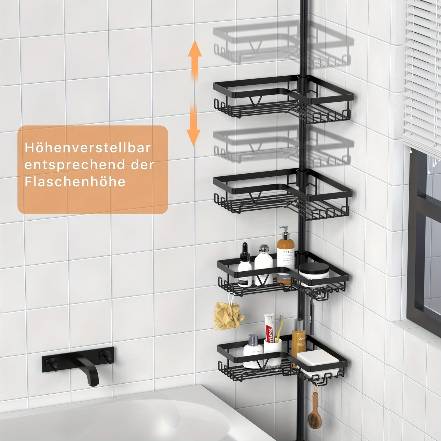 Un robusto e alto ripiano angolare per il bagno, un ripiano angolare regolabile per la doccia che non richiede foratura, dotato di un rack portaoggetti nero a 4 ripiani resistente alla ruggine, ideale per organizzare le aree angolari della doccia - Perfet