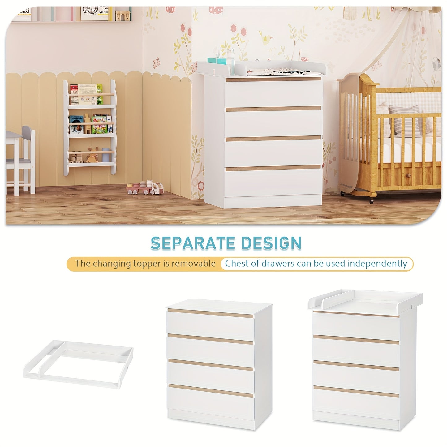 Unità di cassetti da 1 pezzo con 4 grandi cassetti, utilizzabili come organizer o comò, mobilia per la casa con ripiani rimovibili, tavolino da notte, camera da letto, soggiorno, bagno, bianco, 110x80x75 cm, decorazione pasquale, regalo per la Festa della