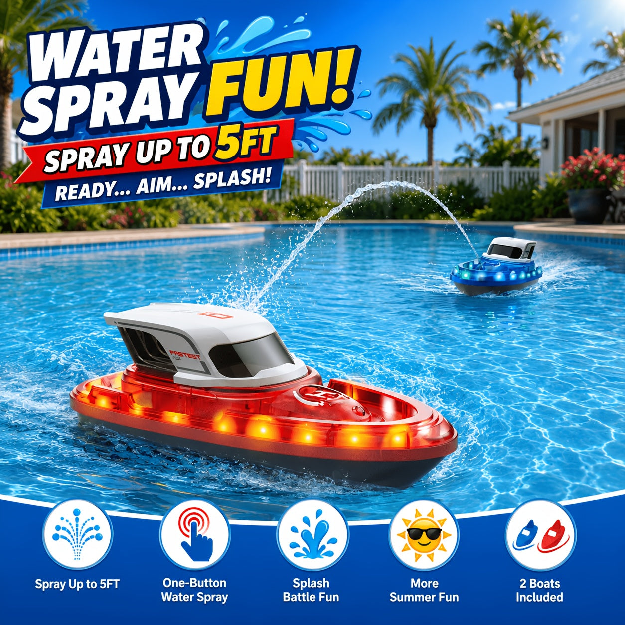 Confezione da 2 barche RC per bambini 8-12 anni, barche da corsa per piscina con 2 telecomandi, spruzzo d'acqua e 7 modalità di illuminazione a LED, giocattolo estivo da esterno a 2.4Ghz, idea regalo
