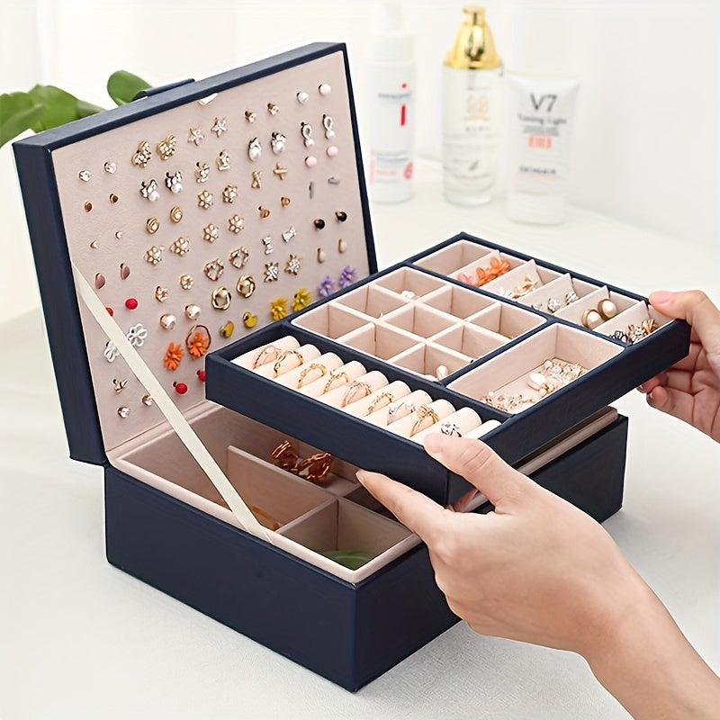 Organizzatore di gioielli di lusso a più livelli con ampio spazio per collane, orecchini, borchie, bracciali e altro, realizzato in ecopelle
