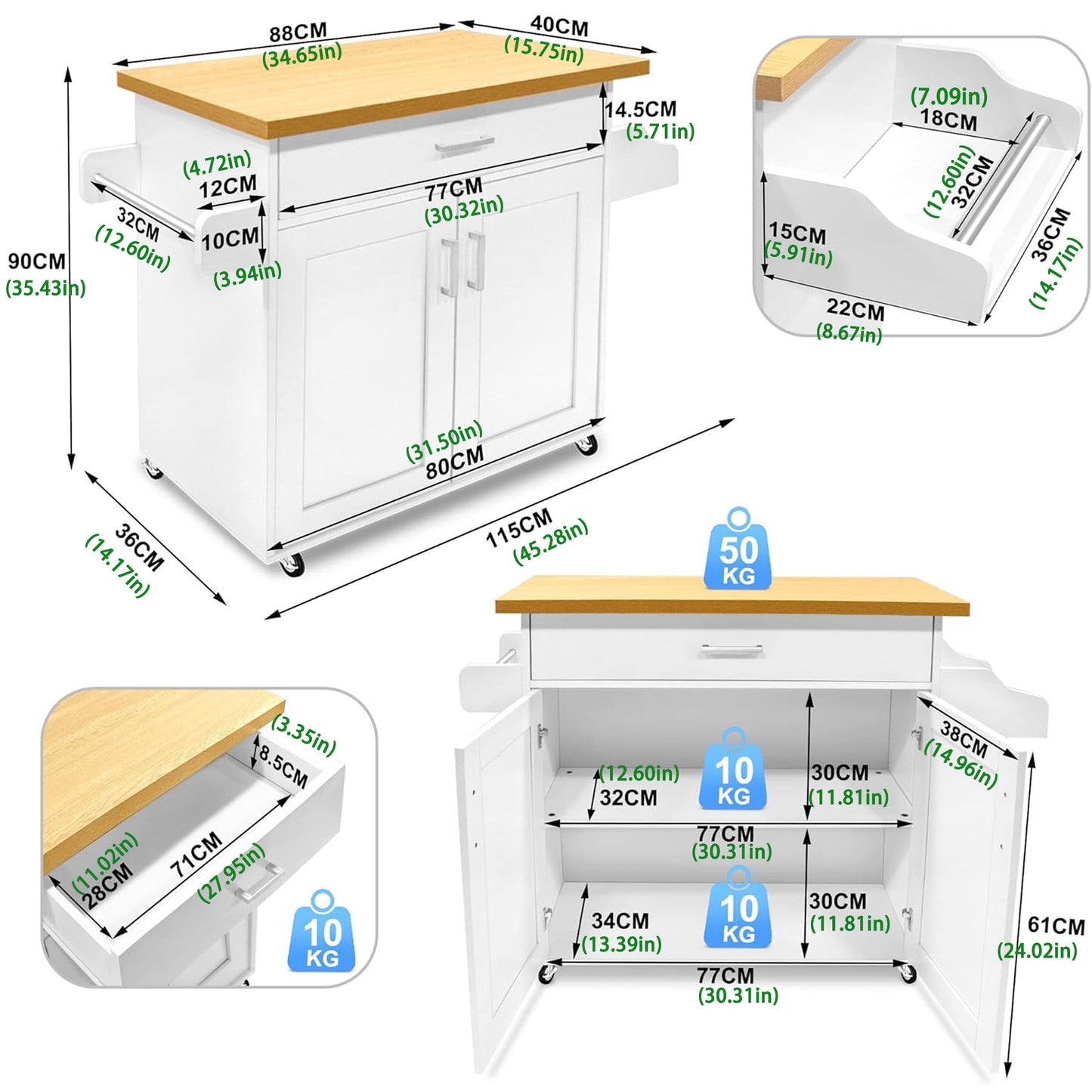 Carrello da cucina multiuso con misure 115 x 36 x 90 cm, dotato di ruote a 360° e ripiani per spezie, in colore bianco