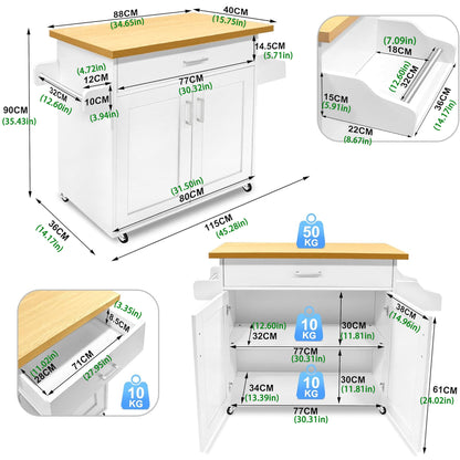 Carrello da cucina multiuso con misure 115 x 36 x 90 cm, dotato di ruote a 360° e ripiani per spezie, in colore bianco