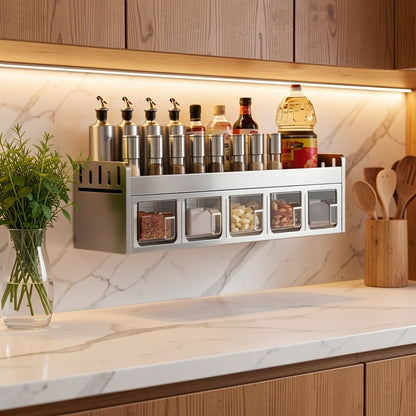 Organizzatore da Muro per Spezie in Acciaio Inox a 5 Scomparti con 5 Barattoli, Organizer Multifunzionale per la Cucina, Porta Spezie in Acciaio al Carbonio, Installazione Senza Trapano, Salvaspazio con Scomparti Multipli per la Cucina
