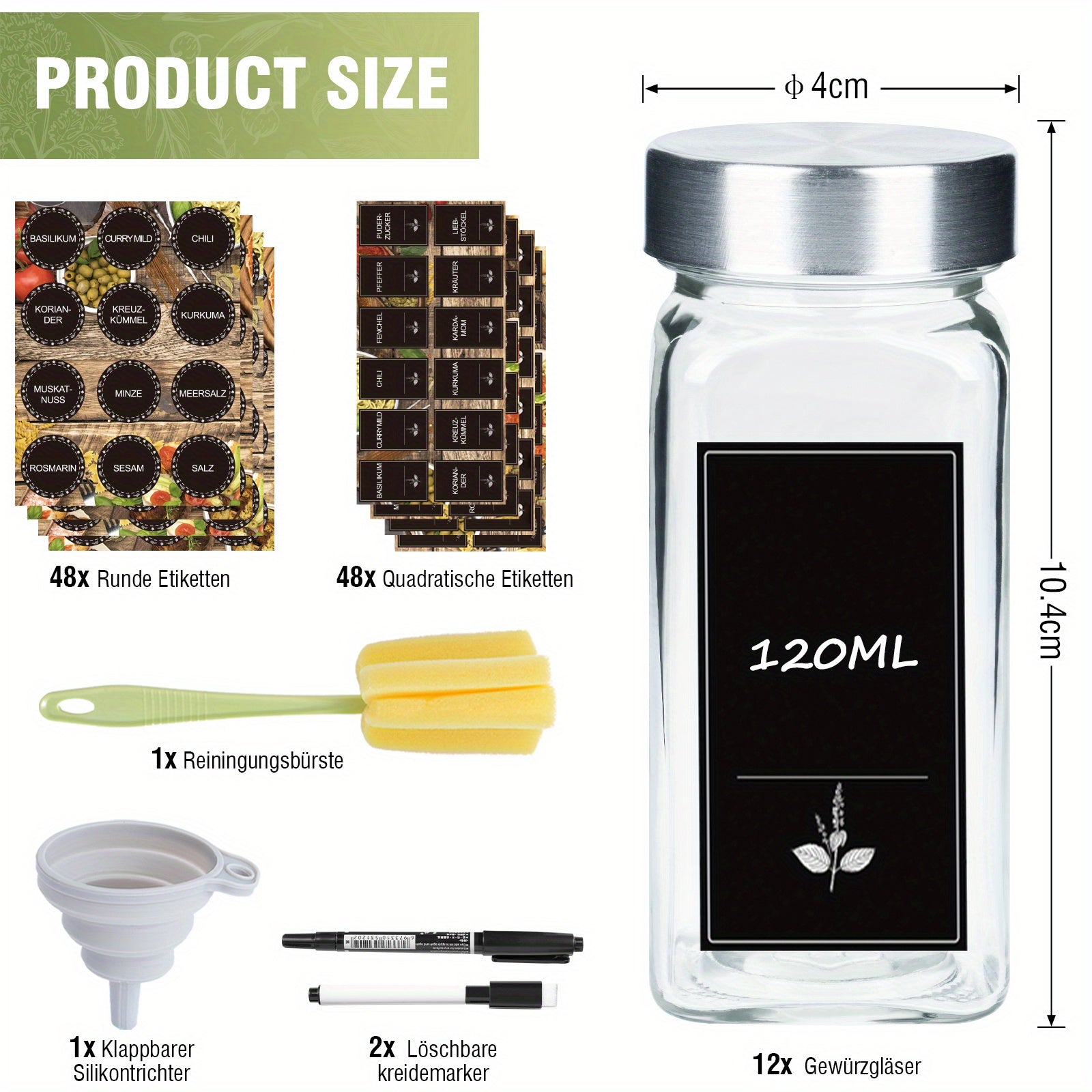 Set di barattoli per spezie Soontrans quadrati [12/24 pezzi] con coperchio, barattoli da 120ml per spezie, agitatori per spezie con adesivi vuoti, spazzola per pulizia, setaccio