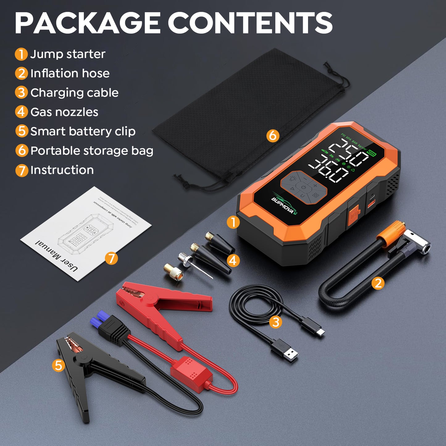 Avviatore di emergenza per auto 12000A con compressore d'aria, pompa di gonfiaggio per pneumatici senza fili, booster per batteria con power bank e torce LED, scatola di avviamento automatico 12V per tutti i veicoli a benzina o diesel da 10.0L, doppio dis