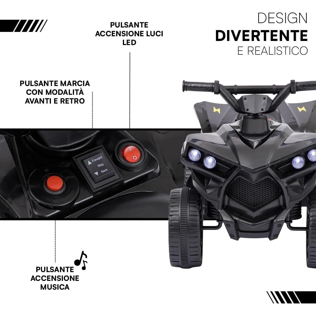 Baroni Toys Quad Elettrico per Bambini 3+ anni con Manubrio Sterzante, Musica e Luci Funzionanti, Quad con Modalità Avanti/Retro, Facile da Montare, 70x42x45 cm