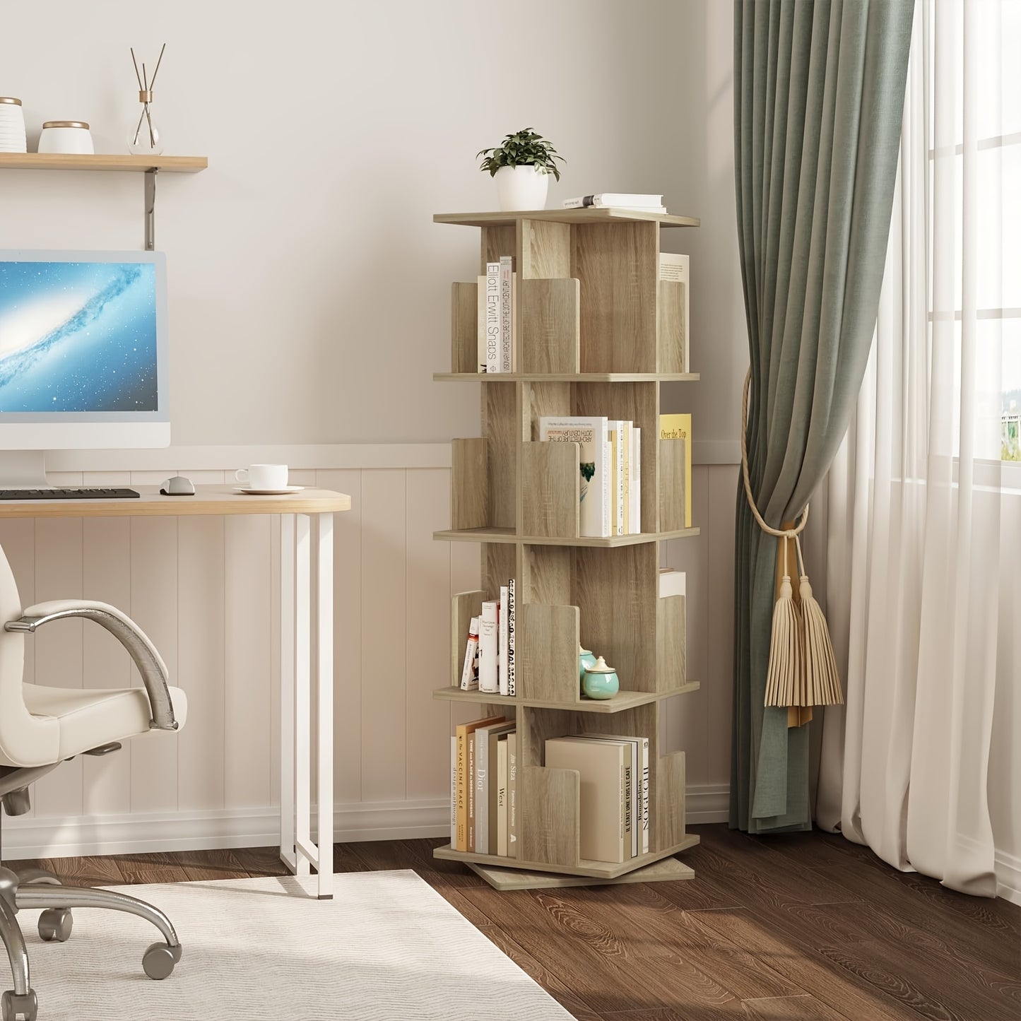 1 pz di libreria rotante, divisorio per ambienti, scaffale girevole per ufficio, scaffale decorativo, rotazione libera a 360 gradi, con 4 strati di lamina MDF, dimensioni 40X129X40 cm
