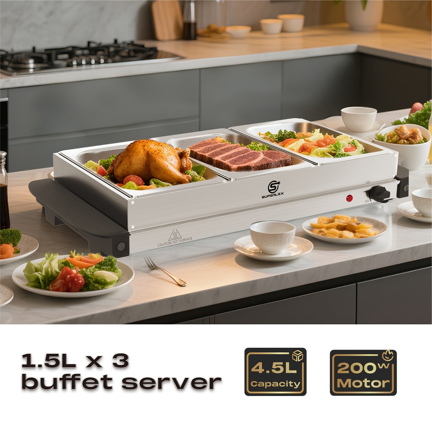 SUPERLEX Buffet Elettrico con Scaldavivande, Dotato di Tre Pentole da 1.5L, un Design Spazioso in Acciaio Inox, una Piastra Riscaldata con Coperchi Rimovibili, Impostazioni di Temperatura Regolabili e una Vassoio Riscaldante Portatile per Mantenere il Cal