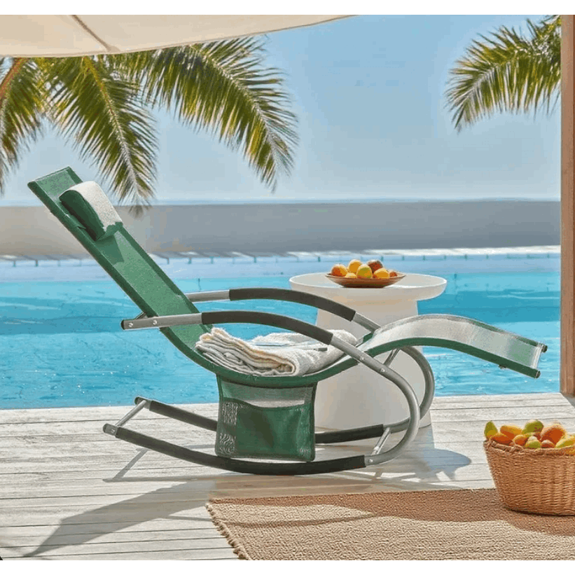 1 Pezzo Lettino Prendisole Lettino da Giardino Sdraio Relax Sedia a Dondolo da Esterno con Cuscino Poggiatesta Superficie Ergonomica Tessuto Resistente agli Agenti Atmosferici Struttura in Metallo Tasca Laterale Portata Massima 150 kg Terrazza Balcone Gia