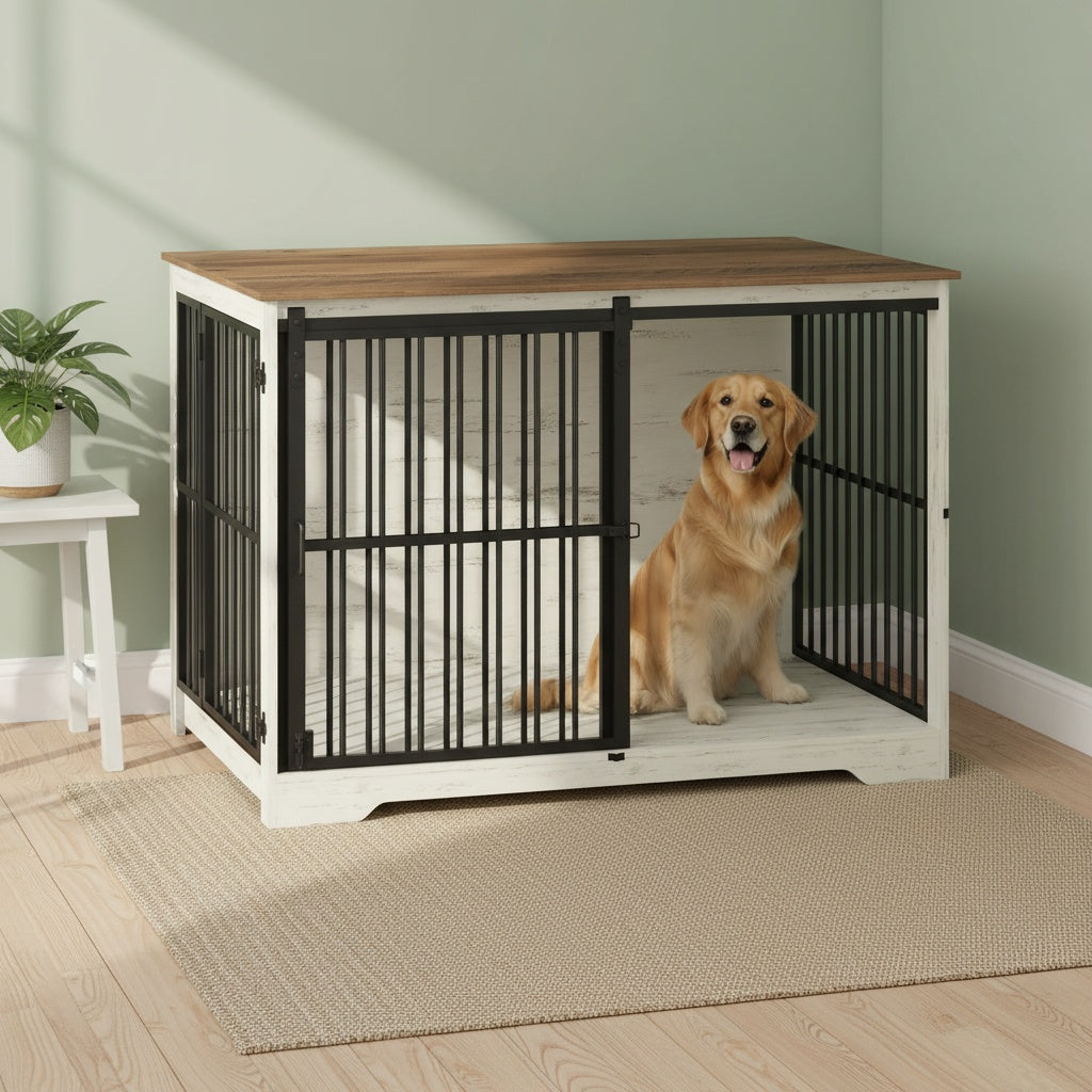 Gabbia per Cani Arredo, 110cm Gabbia per Cani, Cuccia Moderna Interna a Doppia Porta per Razze Medie e Grandi, Tavolino Laterale con Porte Scorrevoli Rinforzate 110 × 65 × 81cm