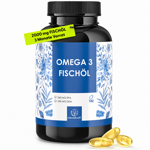 NATURALKRAFT® Olio di Pesce Omega 3 Premium – 2000 mg di Olio di Pesce per Dose Giornaliera con 600 mg di Omega-3, 360 mg di EPA & 240 mg di DHA – Alta Dosaggio, Testato in Laboratorio – 180 Capsule