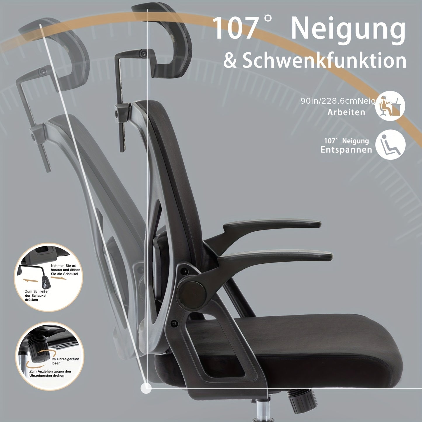 Sedia da Ufficio Ergonomica Symino con Poggiatesta Regolabile, Braccioli, Supporto Lombare e Funzione Oscillante Rotante - Design in Mesh Traspirante, Supporta Fino a 150kg, Nero