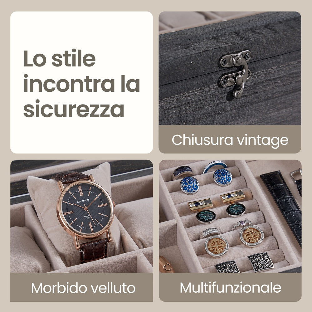 Scatola per Orologi, Porta Orologi in Legno, Scatola Portaorologi a 2 Livelli, 12 Posti, con Coperchio in Vetro, Cuscinetti per Orologi, Rivestimento in Velluto, scatola di conservazione a grande capacità per la casa, scelta ideale per i regali, scomparti