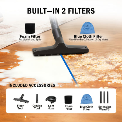 Aspirapolvere industriale per liquidi e solidi, funzione di soffiaggio, aspirazione senza sacco per pavimenti asciutti e bagnati, acciaio inossidabile, 1100W 18L