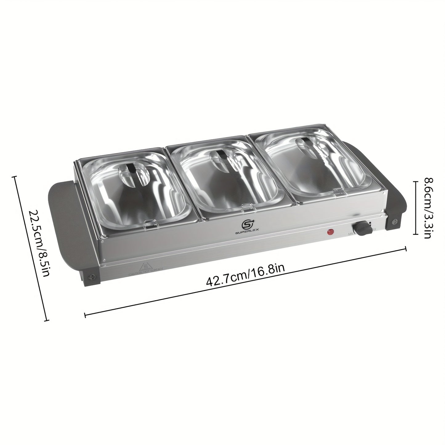 SUPERLEX Buffet Elettrico con Scaldavivande, Dotato di Tre Pentole da 1.5L, un Design Spazioso in Acciaio Inox, una Piastra Riscaldata con Coperchi Rimovibili, Impostazioni di Temperatura Regolabili e una Vassoio Riscaldante Portatile per Mantenere il Cal