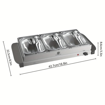 SUPERLEX Buffet Elettrico con Scaldavivande, Dotato di Tre Pentole da 1.5L, un Design Spazioso in Acciaio Inox, una Piastra Riscaldata con Coperchi Rimovibili, Impostazioni di Temperatura Regolabili e una Vassoio Riscaldante Portatile per Mantenere il Cal