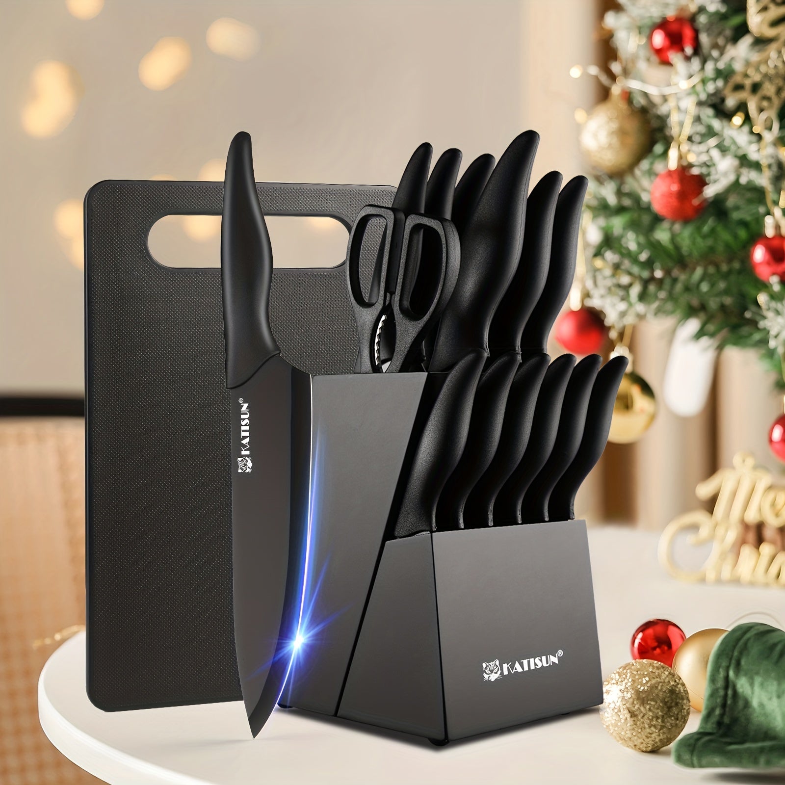 Set di 15 coltelli da cucina professionali con blocco in legno nero, manico antiscivolo in ABS per coltelli da chef, tagliere in plastica e forbici da cucina, regali di Natale e Capodanno per la cucina