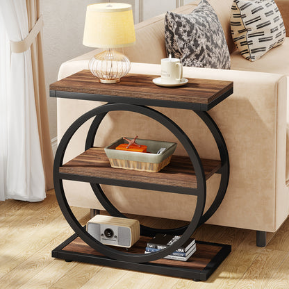 Comodino Laterale Moderno Industriale a 3 Livelli - Design Sottile Salvaspazio con 3 Ripiani di Archiviazione, Finitura in Rovere e Nero, Struttura Robusta in MDF E1 e Metallo, Facile Montaggio per Soggiorno, Camera da Letto, Ingresso