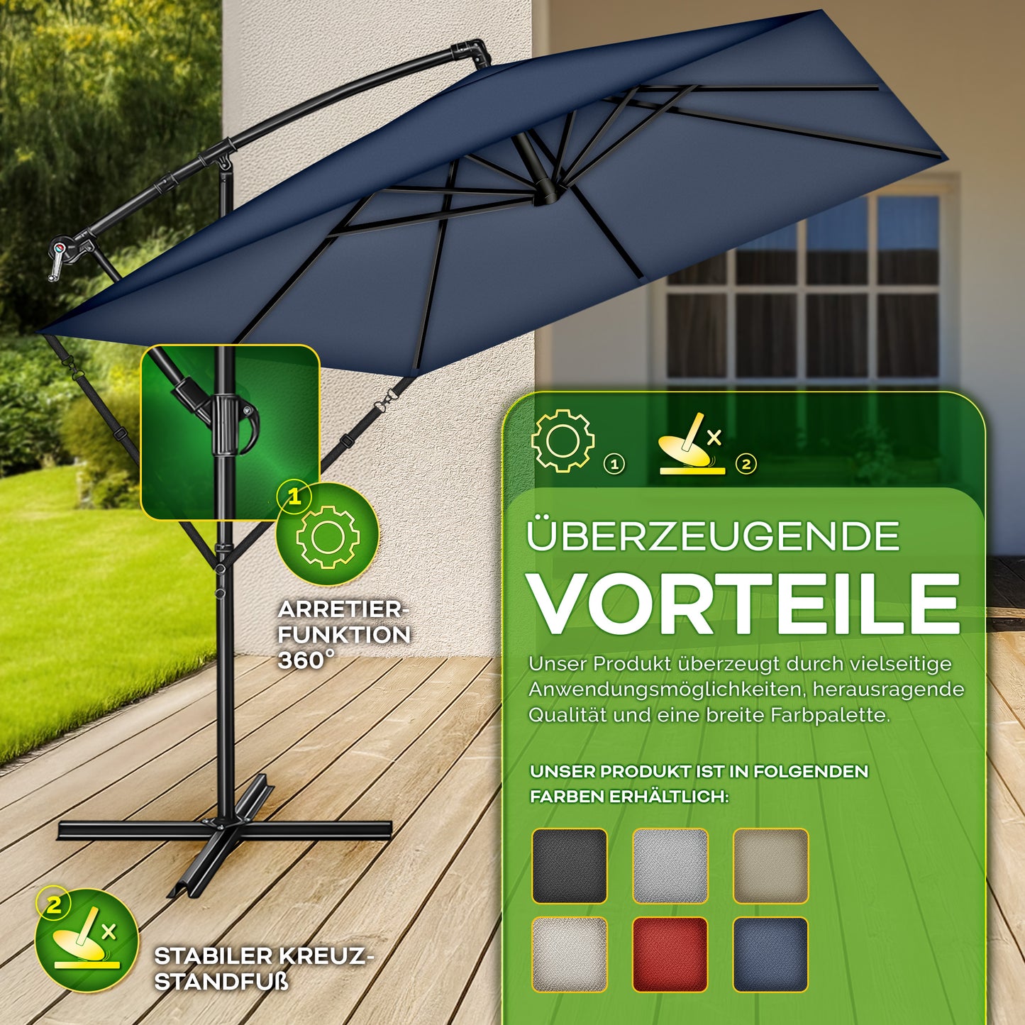 Tillvex® Parasole Rettangolare in Alluminio Ø 330 Cm + Copertura con Manovella | Schermo Angolare a Luce Rossa con Supporto & Parabrezza | Grande Parasole da Giardino in Alluminio Protezione UV | Schermo con Manovella Impermeabile Girevole a 360° per Terr