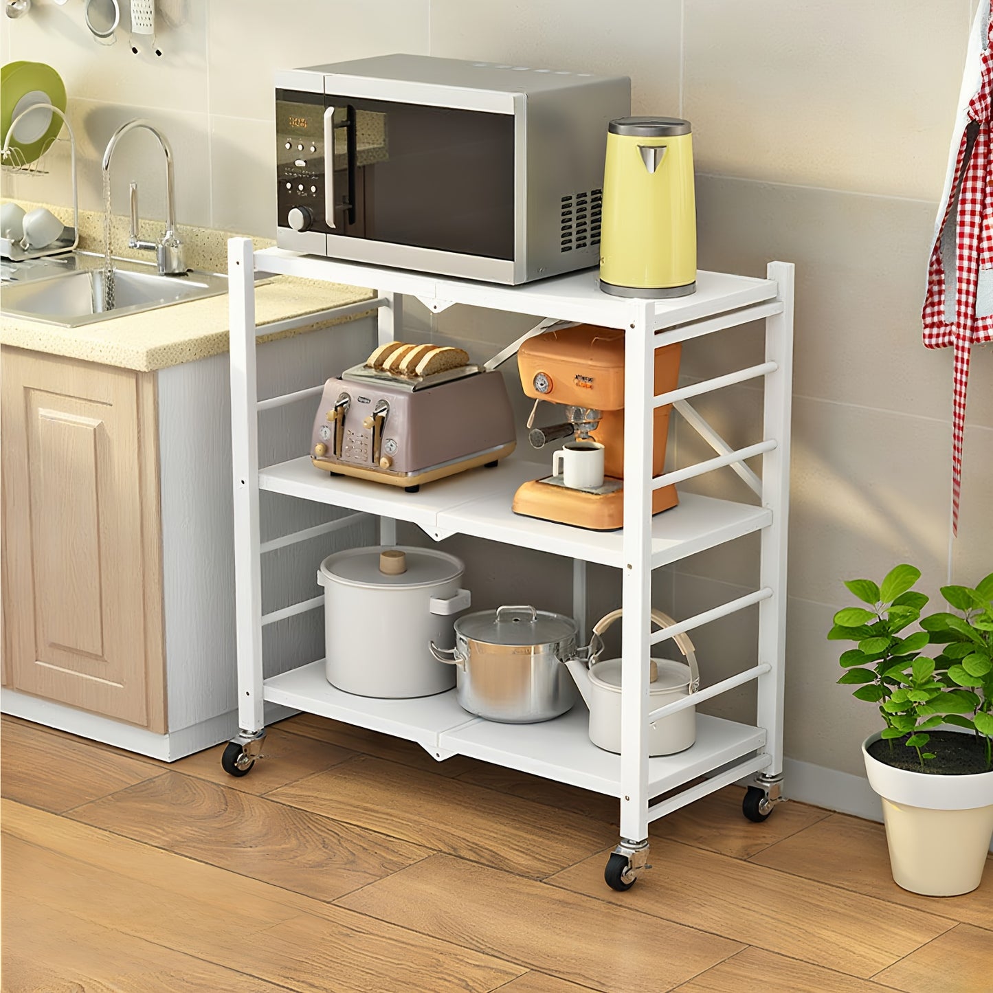 Scaffale da cucina dorato a 3 ripiani con ruote, scaffale pieghevole, scaffale da cucina mobile, scaffale verticale, nessuna installazione richiesta, scaffale da cucina e carrello mobile, adatto per dispensa o ufficio (Nero, Bianco)