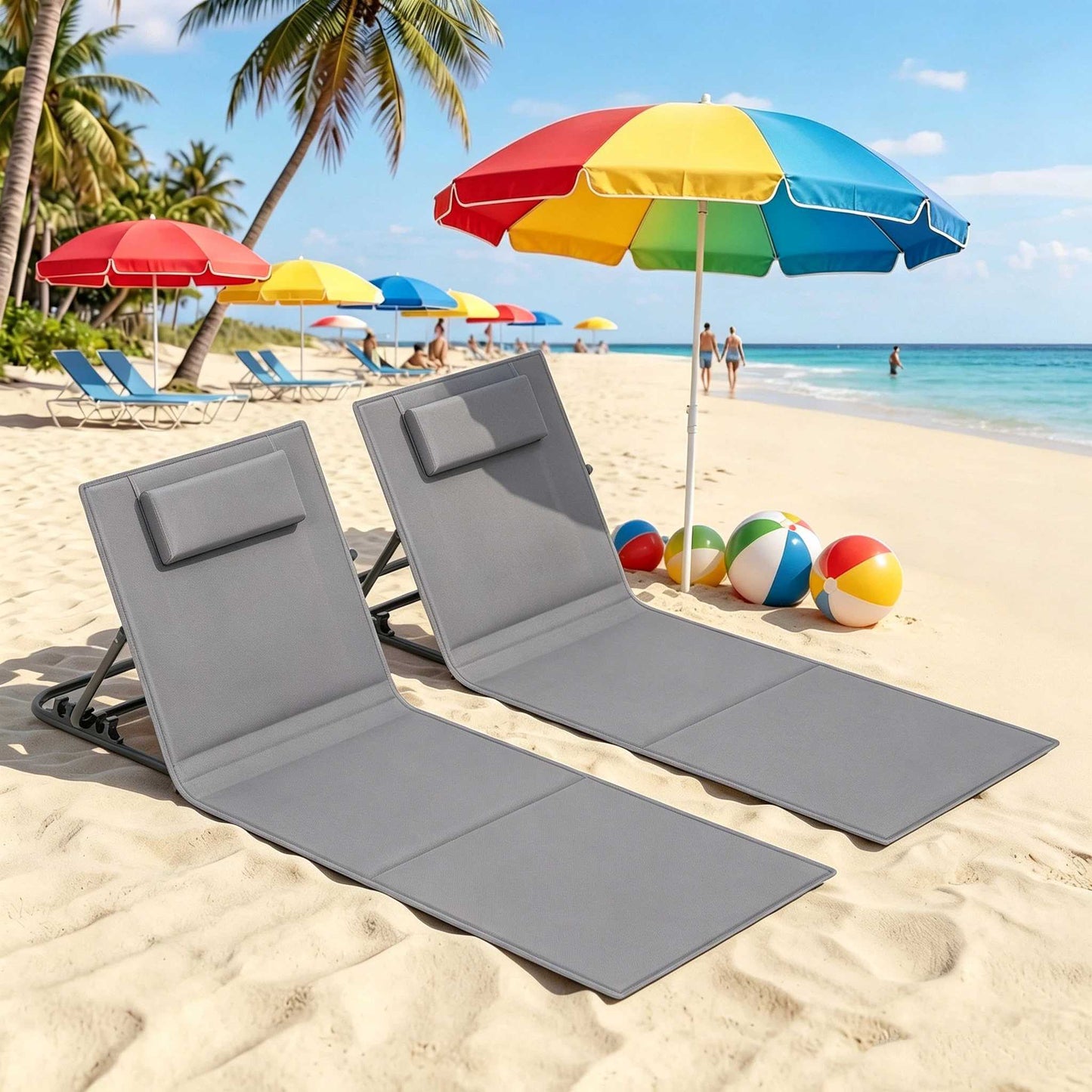 Lettino da Spiaggia, Sedia a Sdraio, Lettino Prendisole, Cuscino, Schienale Inclinabile, Portatile con Manico, per Campeggio Giardino Piscina, 158 x 55 cm, Grigio Ardesia/Azzurro Cielo/Blu Turchino/Grigio