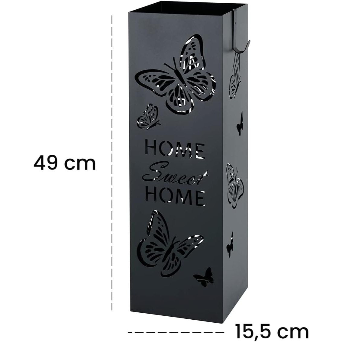 Baroni Home Portaombrelli Quadrato in Metallo Bianco | Nero | Tortora 15,5x15,5x49 cm con Intagli Scritta Home Sweet Home e Farfalle, Porta Ombrelli con Gancini e Vaschetta Raccogli Gocce Removibile in Plastica, Supporto per Ombrelli da Esterno e da Inter