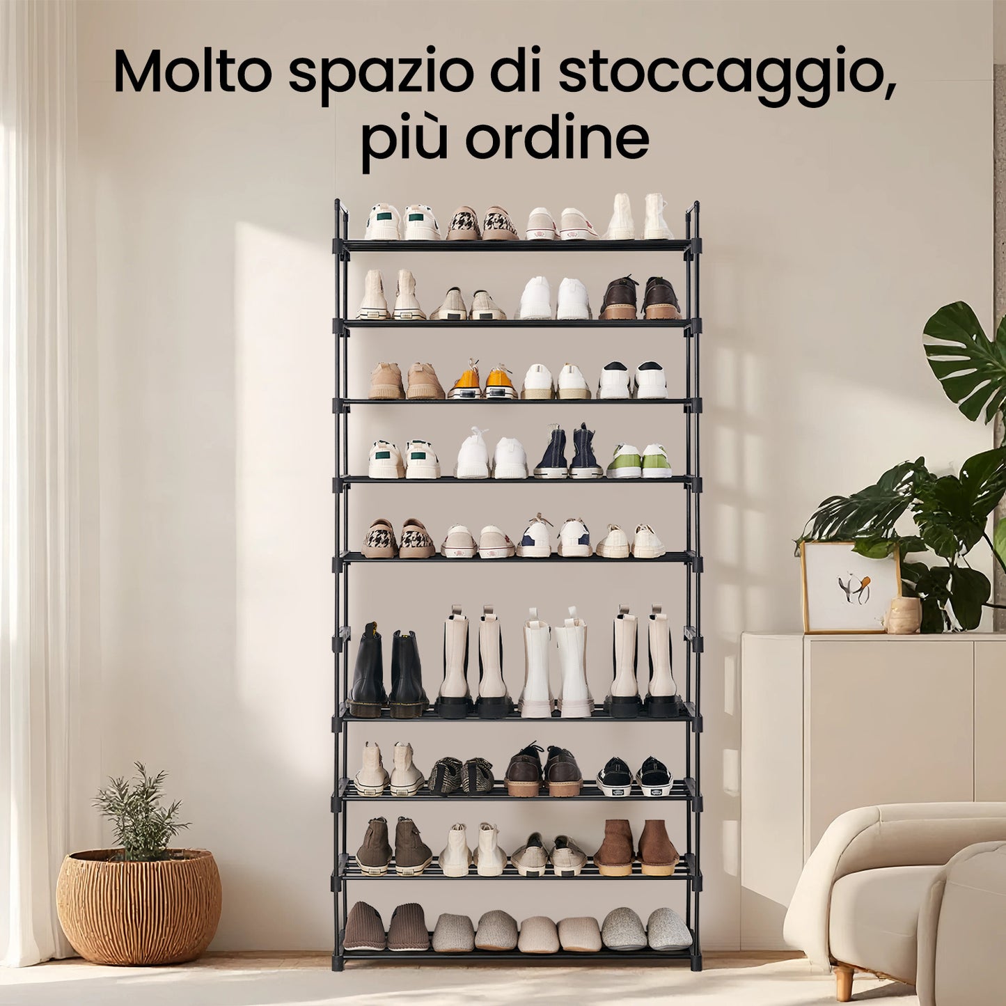 Scarpiera a 10 Ripiani, Armadio Aperto per Scarpe, Scaffale per Scarpe Autoportante, Alto e Stretto, Portascarpe, Conservazione Scarpe, in Metallo, Salvaspazio, Facile da Montare, Portatile, per Casa in Affitto, Ingresso, Corridoio, Camera da Letto, Uffic